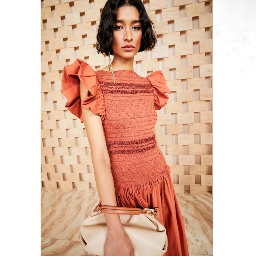 Ulla Johnson Madeline Ruffle Smocked Tarracota Midi Dress - Picture 2 of 5